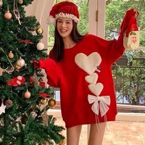 사랑의 리본 크리스마스 맨투맨 가을 겨울 루즈핏 ins 레드 긴팔