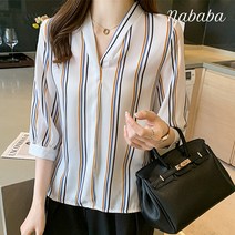 나바바 NB707 여성 스트라이프 브이넥 7부 블라우스