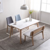 [도모디자인] 모다 애쉬원목 통세라믹 4인 식탁 세트(벤치1+의자2) / 착불, 의자색상:라이트그레이1/파스텔블루1