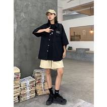 반팔셔츠 여성 트렌드 와이드 루즈핏 BF 하라쥬크 클래식 블랙 카고 티셔츠 와이셔츠 2420207489