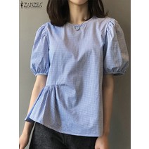 ZANZEA 여름 여성 반팔 체크 블라우스