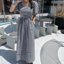 [랜덤플레이] 스퀘어넥 어깨퍼프 허리 슬림핏 롱 원피스