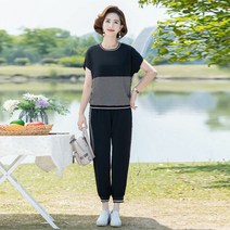 SJW 여름 트레이닝세트 반팔 티셔츠 9부 조거팬츠 바지 투피스 빅사이즈 중년여성 엄마 할머니