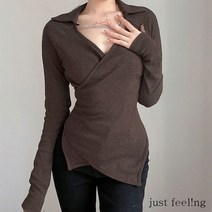 just feel!ng 크로스 언밸런스 브라운 긴팔 티셔츠 여 체인 쁘띠 빈티지 상의 스판 이너 티셔츠 허리라인 가을 니트티