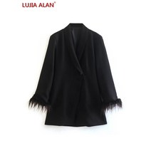 가을 여성 재킷 숄 칼라 깃털 장식 긴 소매 블랙 캐주얼 정장 느슨한 코트