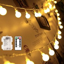야외 지구본 스트링 조명 4.9m(16.5피트) 50개의 LED 벽걸이 리모컨 타이머 8가지 모드 배터리 작동 반투명 화이트 볼 페어리 라이트 침실 결혼식 크리스마스 트리 파티 장, Warm White