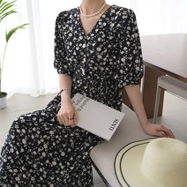 데일리앤 라리사 여성 플라워 브이넥 허리끈 반팔 롱 원피스 여름 바캉스 휴양지 하객
