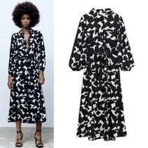 ZARA 에이라인 블랙 화이트 긴팔 퍼프 벨트 롱 원피스