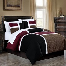 Chezmoi Collection Bernard 7피스 풀 베드 인 어 백 이불 세트 시트 포함 - 경량 블루 블랙 그레이 패치워크 퀼트 메달리온 침구 사계절용 320048, Burgundy/Black/Brown_Queen