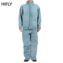 소가죽 방호복 작업복 용접 보호 공사 고온 스케일, 블루 풀 레더 라이너 재킷+라이너 팬츠
