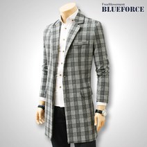 블루포스 남성용 세피얼 체크 롱 자켓 슬림핏 남자 정장 코트 간절기 캐주얼 재킷