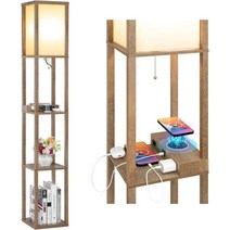 Mlambert 무선 충전기가 있는 모던 선반 바닥 램프 & 급속 충전 USB 포트 & Type C 포트 & 전원 콘센트 2개 침실 거실용 3단 수납 디스플레이 스탠딩 램프 좁은, Wood