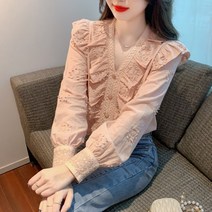 프릴블라우스 목 라인 프릴 넥 카라 블라우스 봄 프랑스 스타일 달콤한 노화 감소 핑크 쉬폰 셔츠 코트 페어리 탑