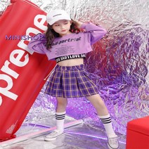키즈 치어리더 스트릿댄스 패션 비걸 아동 방송댄스 의상 복 세트 댄스개인레슨 성인, 러브블랙런닝+퍼플상의+퍼플체크스커트_150cm