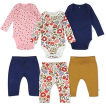 HonestBaby 여아용 6피스 Oraginc 면 바디수트 및 바지 세트 Copper Fields 플로럴 아이보리 Newborn