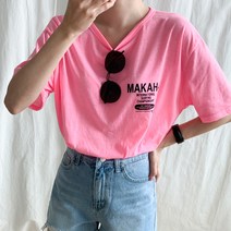 아모르데이 여성용 마카하서핑티셔츠 라운드 반팔 루즈핏 레온 박시 티셔츠