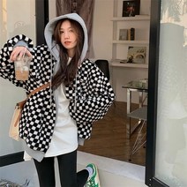 여성 체커보드 체크 바둑판 후드 일체형 뽀글이 양털 자켓