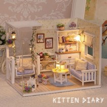 DIY 오두막 고양이 캣 일기 수제 집 미니어처 장면 조립 건물 모델 재료 패키지 소녀 생일 선물, 더스트 커버 + 음악 + 도구가 있