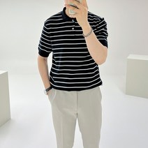 아도르클래식 버튼 카라 스트라이프 니트 반팔티