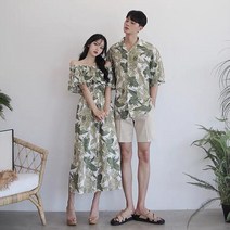 해외 신혼 커플 촬영 여행 해변 커플룩 여성 오프숄더 롱 원피스+남성 반팔 셔츠