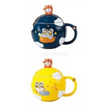 2Pcs 크리 에이 티브 커피 머그 컵 아침 식사 주스 우유 물 컵 선물, 블루+옐로우, 8x7.7cm, 세라믹