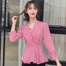 올파인 브이넥 체크 셔츠 블라우스 루즈핏