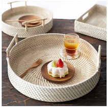 북유럽 화이트 브라운 라탄 원형 사각 타원형 트레이 카페 쟁반 인테리어 소품, 1)라탄  화이트 원형 바구니