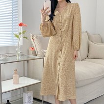 빈티지한 셔링 퍼프소매 브이넥 허리끈 프릴롱원피스