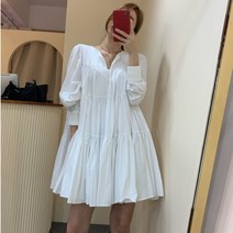 과 의 세련된 심플하고 슬림 한 V 넥 주름 디자인 느슨한 작은 인형 드레스 짧은 치마