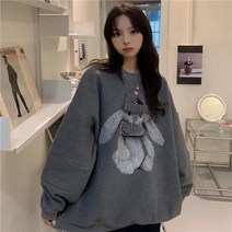 JUSTFEELING루즈핏 맨투맨 추동 트렌디 입체 디자인 기모 도톰한 루즈핏 상의 토끼 인형 장식
