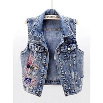 카우보이 조끼 ZOKI데님 여성 조끼 럭셔리 진주 패션 찢어진 가을 버튼 업 청바지 자켓 꽃 민소매 루즈핏 짧은 코트