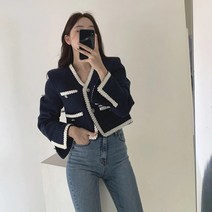[레티고] 여성 브이넥 프렌치 배색 라인 트위드 자켓