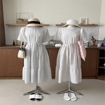 여자 격자 티어드 라운드 드롭 롱 원피스