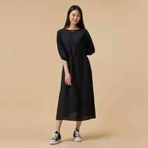 [JAJU/자주] 여 소매 셔링 허리끈 원피스_블랙