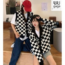 유유가가 여자 루즈핏 체크무늬 가디건 니트 스웨터 오버핏 조끼 세트