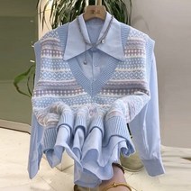 데일리룩 V 넥 스트라이프 니트 조끼 여성용 투피스 슈트 아우터 및 레이어드 셔츠