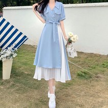 여름 여성 롱원피스 카라브이넥 반팔 언발 사선 허리끈 쉬폰 셔링 A라인 데일리 하객원피스 B15