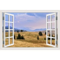 자연 풍경 벽 장식 3D 창보기 스티커 녹색 초원 산 비닐 데칼 방 자체 접착 벽지, W1661, 32x48inch 80x120cm