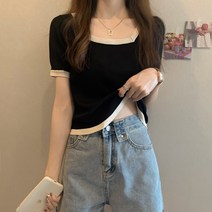여성 반팔티 티셔츠 슬림 핏 반소매 여자반팔티셔츠 크롭 T 스퀘어 넥 인박카202