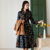 시크라인 잔꽃 패턴 투 스트랩 기모 철릭 원피스