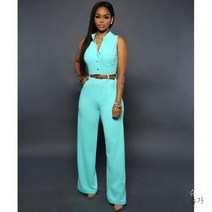 467893 여성 점프 수트 바지 정장 Jumpsuit 와이드 레그 팬츠 사무실 솔리드 컬러 민소매 벨트 셔츠 슈트 기본 V 넥 싱글 작업