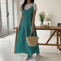봄 브이넥 플라워 끈나시 롱 뷔스티에 원피스 D33051C
