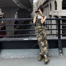 유니크 데님 밀리터리 카키 그린 여름 멜빵 서스펜더 스트랩 뒷트임 맥시 롱 원피스 SH