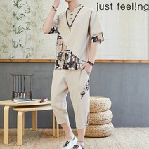 just feel!ng 빅사이즈/여름/남성/면 마/리넨/반팔티+바지 자수 루즈핏 상하의 투피스 세트