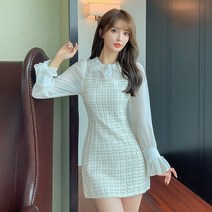가을 데이트 트위드원피스 돌잔치 하객룩 상견례 추석 미니 드레스 원피스 여성용 모직 체크무늬 트위드 패치워크 쉬폰 피터팬 칼라 라인 짧은 겨울 패션