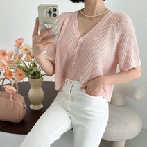 [바보사랑] 여자 여름 브이넥 린넨 5부 니트 가디건[옷자락]