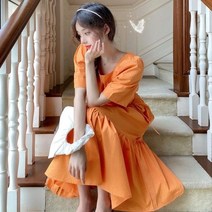 포린박스 복고풍 A라인 반소매 주름 롱원피스 SH