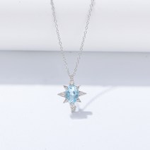 S925 스털링 실버 팔각 스타 펜던트 일본 단순 하늘색 천연 토파즈 쇄골 체인 목걸이 목걸이 여성 조수