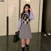 DFMEI 이른 봄 아가일 체크 패치 플리츠 니트 원피스 여 허리 여위어 날씬해 보이고 키 작은 털 원피스 러쉬