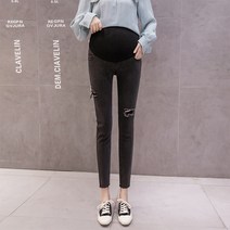 임산부 청바지 9포인트 찢어진 임산부 아기 신축성 치노 착용